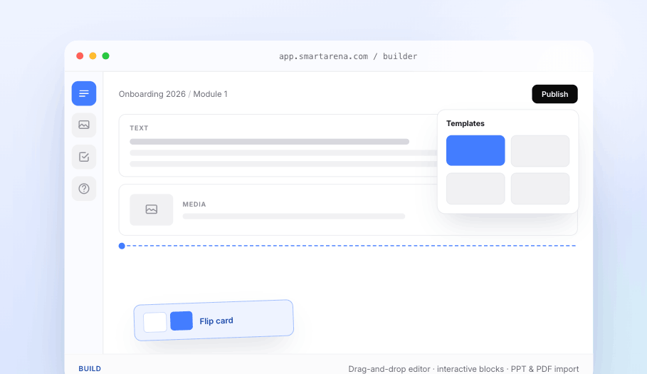 Course Builder editor with drag-and-drop canvas, template picker, and an interactive flip-card block