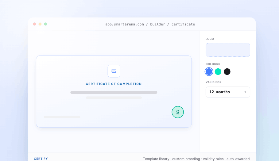 Certificate designer with logo, colours, and validity rules