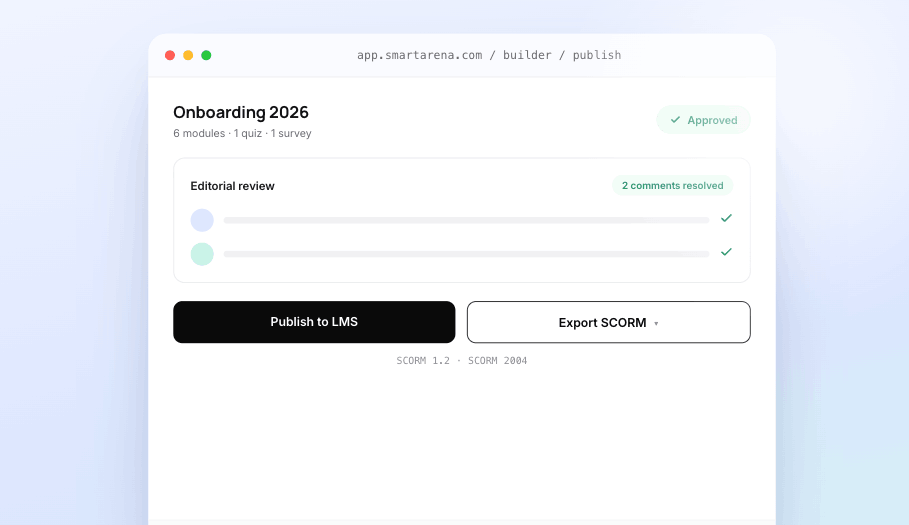 Publishing screen with editorial review, publish to LMS, and SCORM export