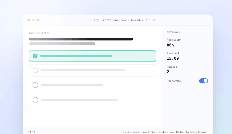 Quiz editor with pass score, time limit, and retake settings