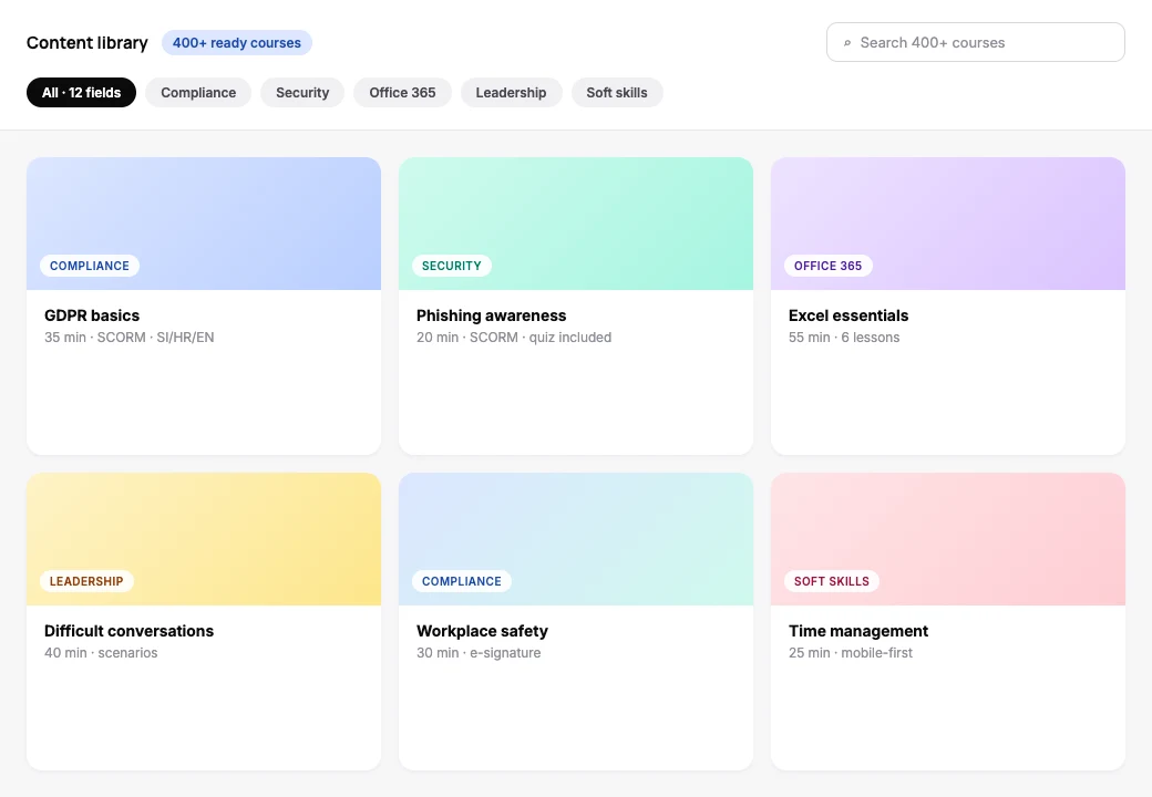 Smart Arena content library – 400+ ready courses across 12 fields, with search, field filters, and course cards