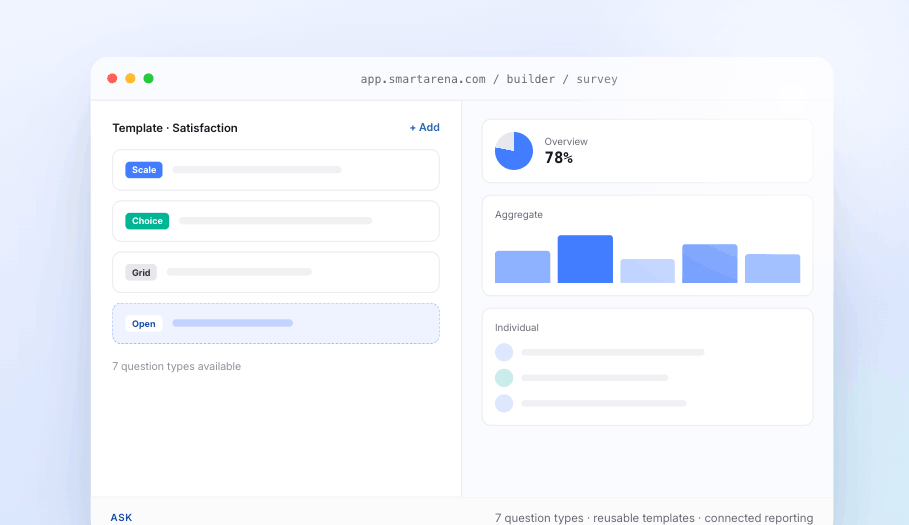 Survey builder with question types and connected reporting