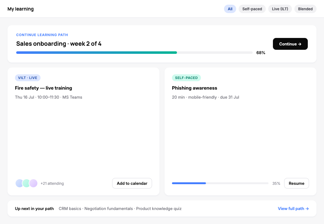 Learner's My Learning view – a blended learning path with live (vILT), self-paced and blended courses